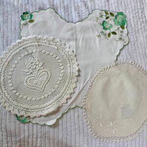 Lot of 3 Hand Embroidered/Crocheted Doilies & Table Runner